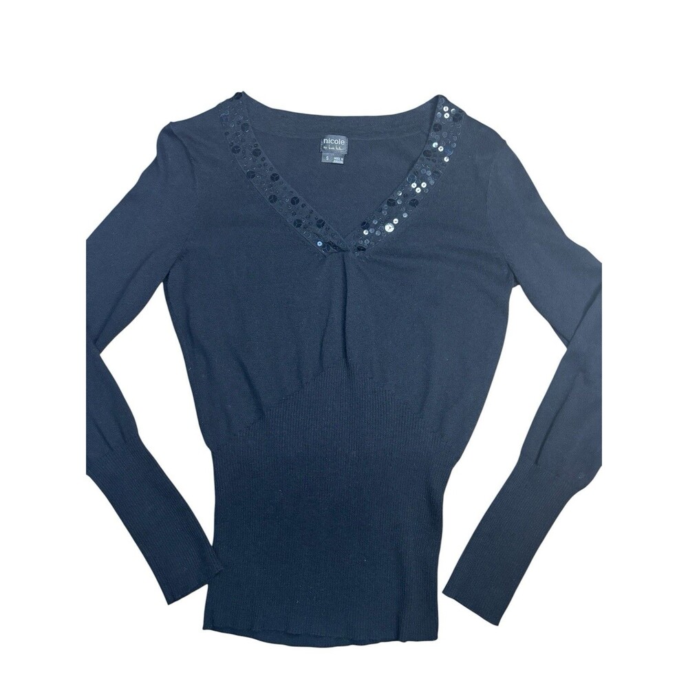 NICOLE BY NICOLE MILLER Black Sequin V-Neck Ribbed Knit Waist Long Sleeve Top S